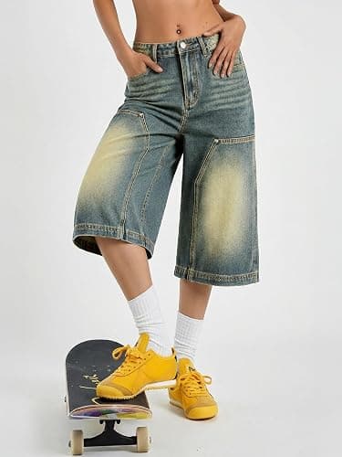 EMMIOL Womens Long Jorts Baggy Y2K Mid High Waisted Retro Jean Shorts Trendy Streetwear Wide Leg Denim Bermudas thumbnail 5