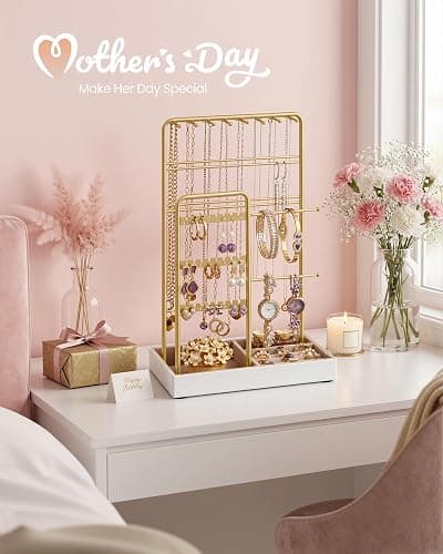SONGMICS Necklace Holder, Jewelry Stand Holder Organizer, Jewelry Display with Metal Frame, Velvet Tray, Earring Bracelet Holder, for Gift Idea, 4.5 x 7.7 x 12.1 inch, Pale Gold UJJS021A01 thumbnail 3