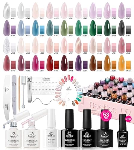 Beetles Jelly Gel Nail Polish Set, 53PCS 36 Colors Jelly Pink Milky White Red Black Blue Green Silver Cat Eye Base Glitter Glossy Matte Top Coat Crystal Ice Collection French Nails Gift for Women - Image 1