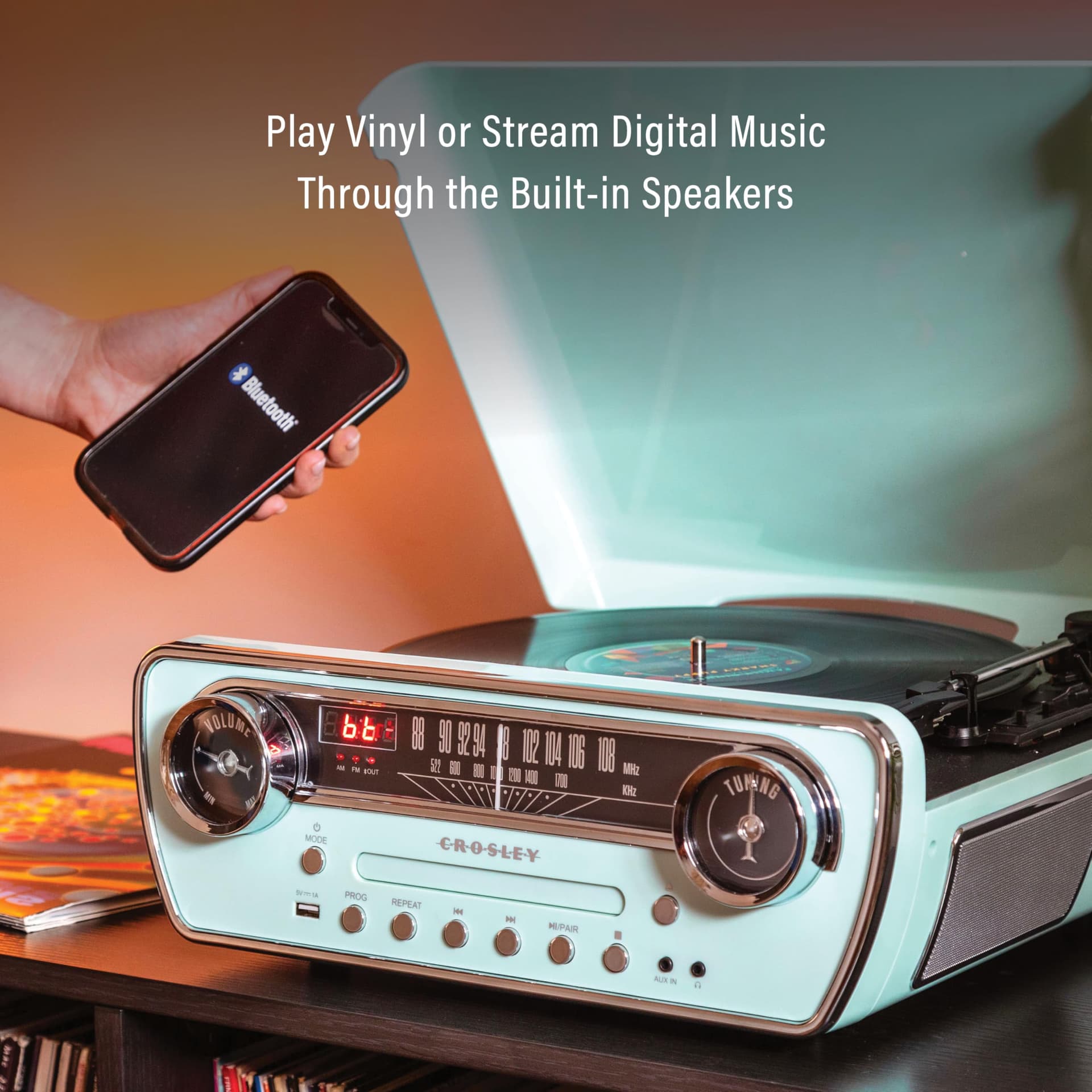 Crosley Powel 7-in-1 Record Player with Speakers & CD Player - Vintage Car Design Bluetooth Turntable Entertainment System with AM/FM Radio - Retro Aqua Style for Vinyl, Digital & Wireless Music thumbnail 4
