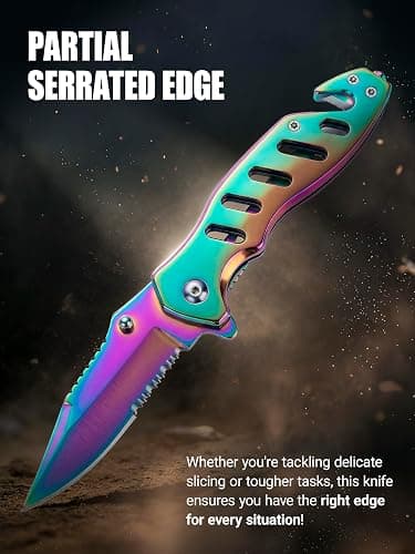 Legal Rainbow Pocket Knife with Glass Breaker Seatbelt Cutter - 2.68 Inch Sharp Serrated Blade - Cute Small Folding Womens Knives for Self Defense EDC Camping - Food Processing Mincing Knives 6655 R thumbnail 7
