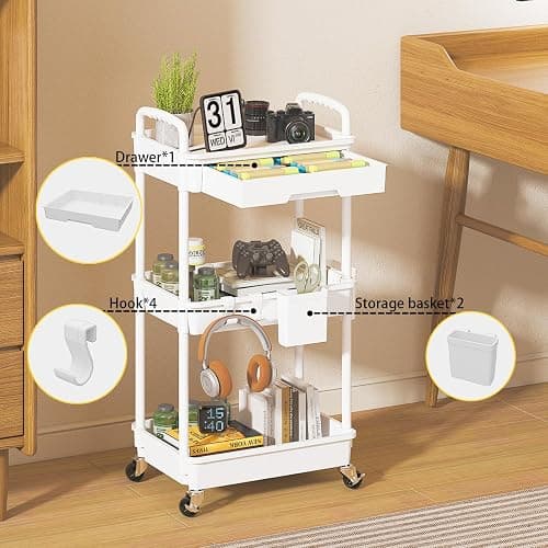 LLMRR 3 Tier Rolling Utility Cart with Drawer, Plastic Storage Organizer Rolling Carts with Wheels Handles Hanging Cups Hooks for Office, Bathroom, Kitchen,Craft Art Room (White) thumbnail 4