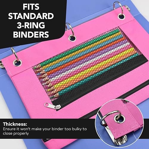 3 Ring Pencil Pouch for Binder, 2-Pocket Zipper Pencil Case with Clear Window & Mesh Pocket, Heavy Duty 600D Oxford Fabric Binder Pouch for School Office Supplies, Fits Standard 3-Ring Binders, Pink thumbnail 4