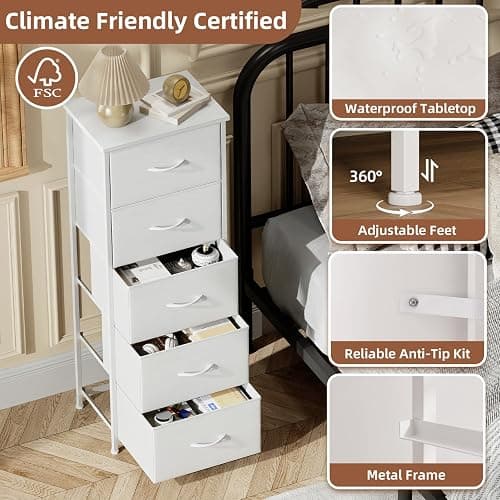 Somdot Tall Dresser for Bedroom with 5 Drawers, Storage Organizer Chest of Drawers with Removable Fabric Bins for Closet Bedside Living Room Laundry Entryway Hallway, White Leather thumbnail 6