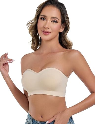 ANGOOL Strapless Bras for Women Wirefree Non-Slip Tube Top Invisible Bralette Seamless Padded Bandeau Bra - Large - Beige thumbnail 6