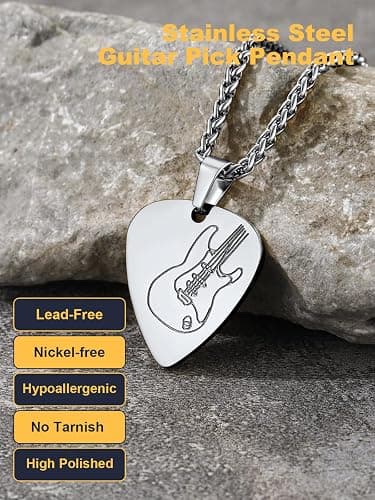 U7 Hip Hop Punk Music Necklace, Guitar Pick/Guitar/Microphone/Headphone Pendant with Chain for Men & Women, Stainless Steel R&B Music Jewelry, Silver/Gold/Black, Customizable thumbnail 6
