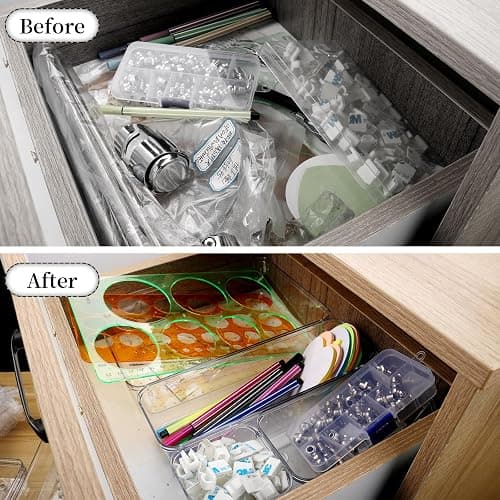 lovehai 7 Pcs Drawer Organiser Set, Makeup Organiser Tray for Drawers, Clear Cosmetics Container Tray for Office, Bedroom, Kitchen, Jewelries and Gadgets thumbnail 6