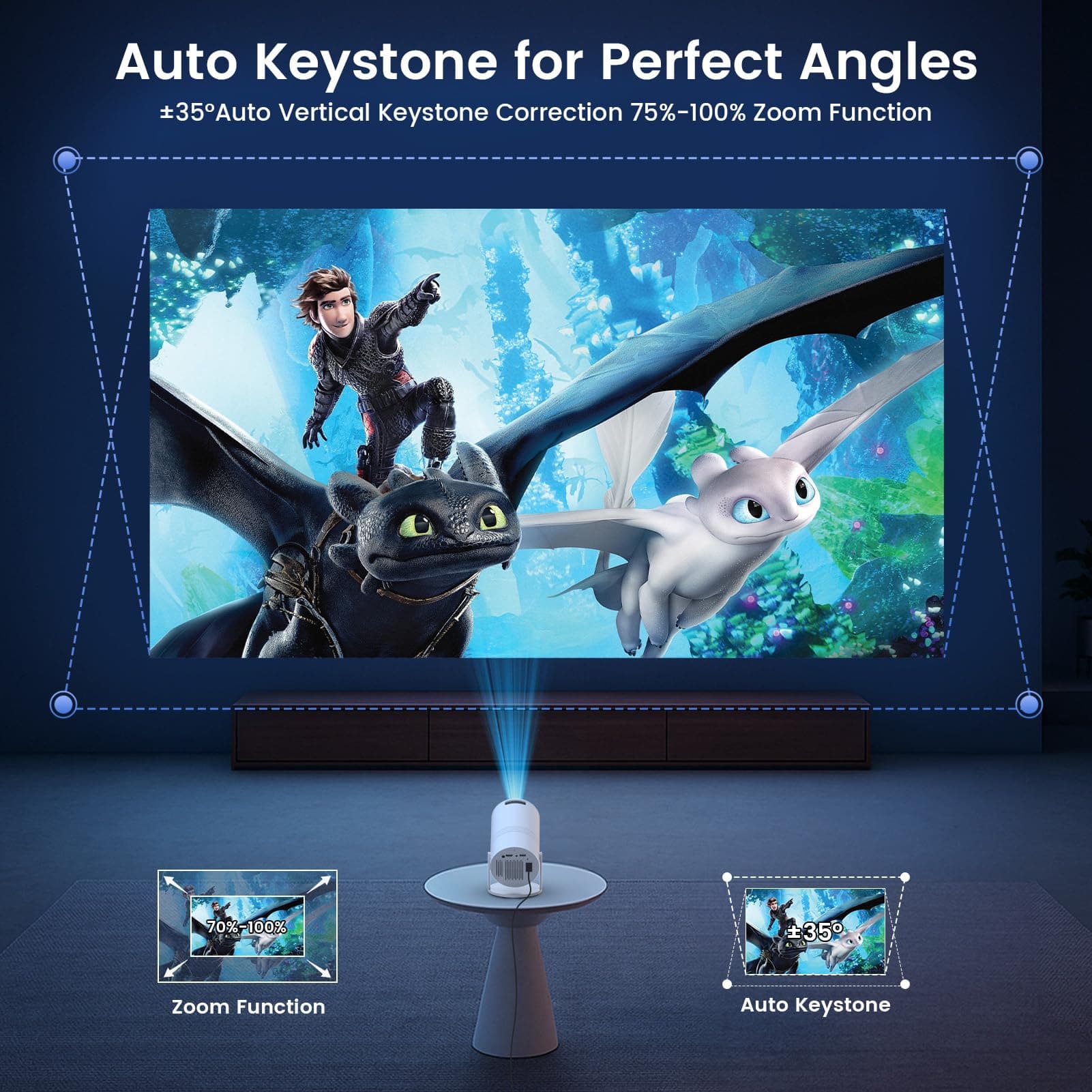 Mini Projector Full HD 1080P, Portable Projector with WiFi and Two-Way Bluetooth, 180° Rotatable, Auto Vertical Keystone, Dust Removal Design, Compatible with Smartphone, TV Stick, HDMI thumbnail 9
