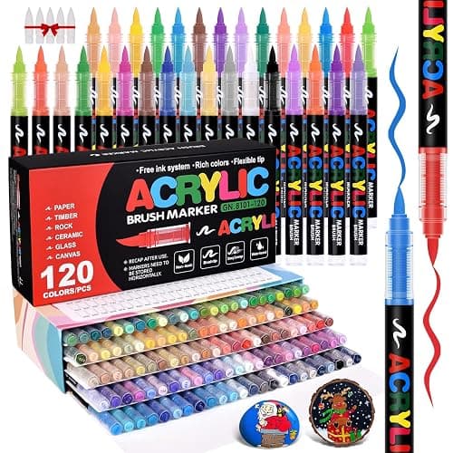 Acrylic Paint Markers Brush Tip 120 Colors, Automatic Ink Control System, Premium Acrylic Paint Pens for Canvas, Rock Painting, Glass, Wood, Ceramic Surfaces, DIY Crafts (Includes Replacement Nibs) - Image 1