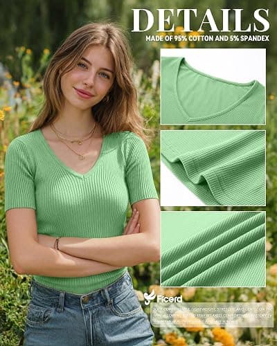 Ficerd 3 Pack Women's Short Sleeve Cotton T-Shirts V Neck Ribbed Slim Fit Tops Ladies' Casual Summer Basic Tee thumbnail 5