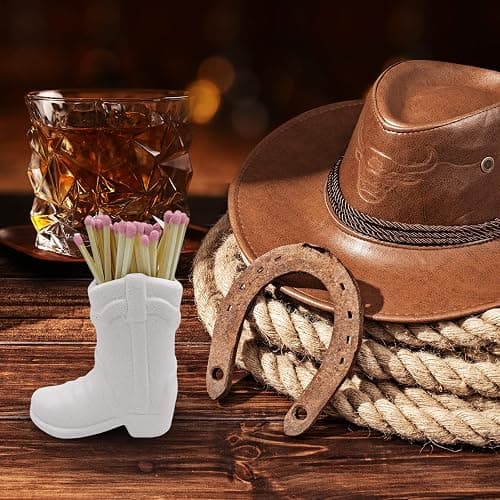 Cowboy Boot Ceramic Match Holder with Built-in Striker - Rustic Western Home Decor - Vintage Farmhouse Aesthetic-Kitchen, Bathroom, Fireplace & Candle Lighting - Unique Gift for Western Lovers (White) - White thumbnail 5