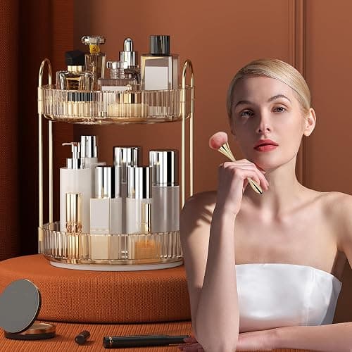 YCIA&DONE 360 Rotating Makeup Organizer and Storage for Vanity Countertop 2 Tiers, High Capacity Cosmetic Skincare Perfume Organizers for Dresser Bathroom Lazy Susan (Amber Gold) thumbnail 6