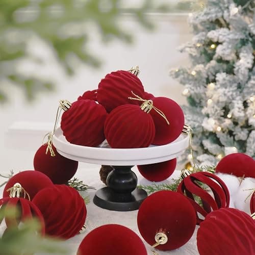 Senjie 3.15inch Burgundy Velvet Christmas Ornaments Balls Flocked Christmas Tree 12PCS Plastic Balls Xmas Hanging Ornaments Decoration Red thumbnail 4