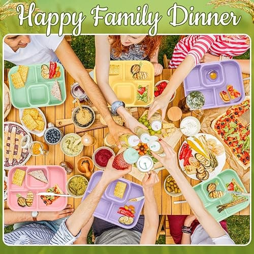 Pinkunn 8 Pcs 10'' Divided Plates Unbreakable Wheat Straw Dinnerware Lunch Trays Lightweight Reusable Plastic Compartment Microwave Dishwasher Safe Separator Plates (Green, Purple, Pink, Yellow) thumbnail 6