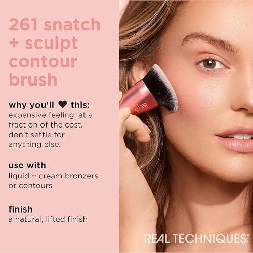 Real Techniques Snatch + Sculpt Contour Makeup Brush, For Liquid and Cream Contour and Bronzer, Flat Top and Oval Head For Blending and Buffing, Dense,1 Count - Snatch + Sculpt Contour Makeup Brush thumbnail 3