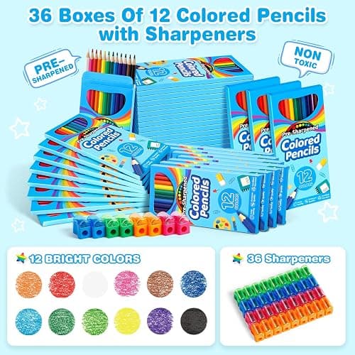 Jyusmile 432 Count Colored Pencils Bulk, Pre-sharpened Coloring Pencils for Kids, 36 Pack 12 Assorted Colors with Sharpener, Bulk School Supplies for Teachers, Classroom Prizes, Drawing Art Supplies thumbnail 3