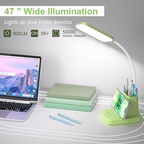 Sailstar Desk Lamp, LED Desk Lamps for Home Office, Wireless Charger Small Desk Lamp with Pen Holder, CRI 85, 800LM,3 Color Dimmable, Study Lamps for College Dorm Room, Adapter Included, Green thumbnail 7