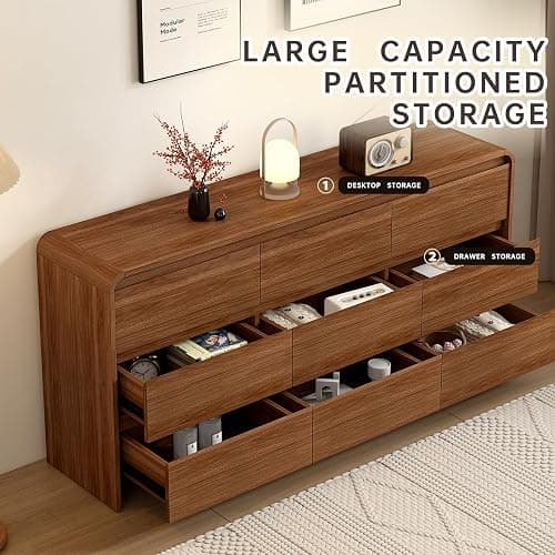 9 Drawer Dresser For Bedroom 63 Inch Wood Chest of Drawers - Curved Anti Collision, Mid Century Dresser For Closet with Natural Texture & Pre-Embedded Slots for TV Stand, Living Room, Nursery thumbnail 3