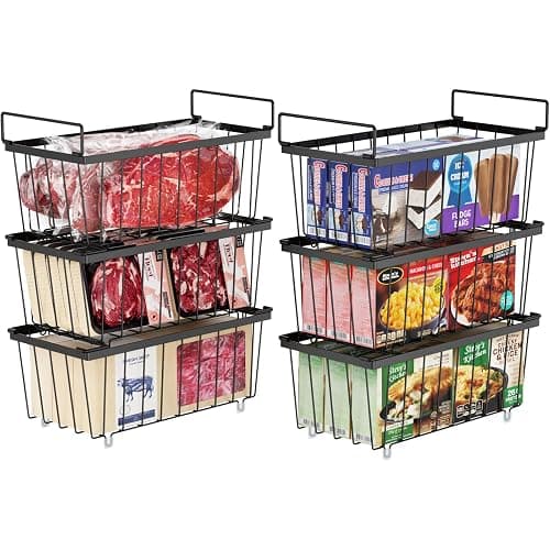 iSPECLE Freezer Storage Bins - 6 Pack Small Stackable Deep Freezer Organizer Bins for Most 7 Cu.FT Chest Freezer Sort Frozen Food, Freezer Basket with Handles Easy to Get Food from Bottom, Black - Image 1