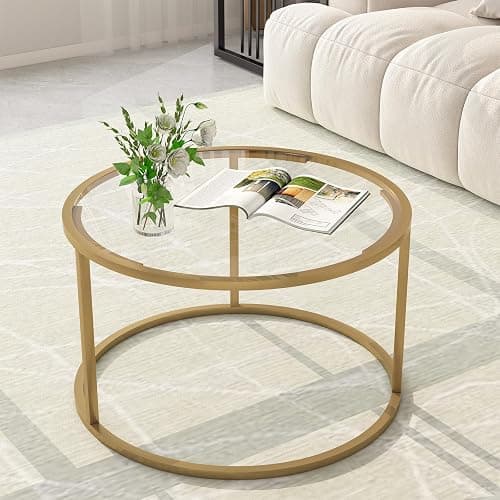 Glass Coffee Table,Round Gold Coffee Table for Small Space,27" Modern Center Table,Glass Top Clear Coffee Table with Sturdy Metal Frame for for Living Room Home Office, Easy Assembly - Image 1