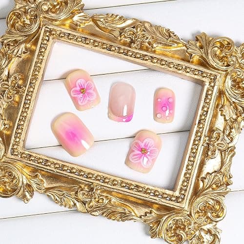 Square Press on Nails Short French Tip Fake Nails with Design 3D Flower Acrylic Nails Gradient Pink Glue on Nails Summer Nails Cute False Nails Coffin Artificial Stick on Nails for Women DIY 24Pcs thumbnail 7