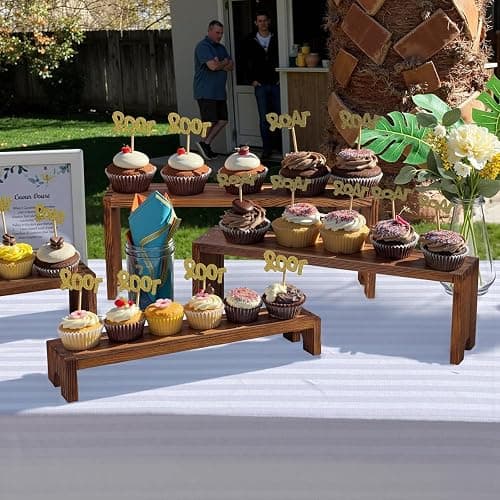 2 Set Large Wooden Tiered Riser Display Stands for Vendor Events,Stackable Wooden Cupcake Stand,Farmhouse Decor Wood Dessert Table Display Set,Vendor Booth Display Items,Food Display Risers for Party（12-11.2-10.4-9.6IN） thumbnail 2