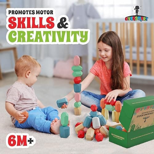 EVERSMART 36 Pcs Wooden Stacking Blocks – Montessori Toys for 1 2 3 4 5 6 Year Old Toddlers and Kids, XL Rocks, No Choking Hazard – Sensory STEM Building Stones, for Girls and Boys thumbnail 3
