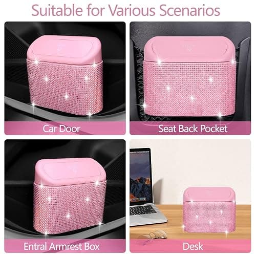 NBTEPEM Bling Pink Car Trash Can with Lid - 2 Pack, Mini Auto Garbage Can with 60 Trash Bags, Automotive Garbage Container Bin, Bling Car Accessories Trash Can for Women (Pink Diamond) thumbnail 7