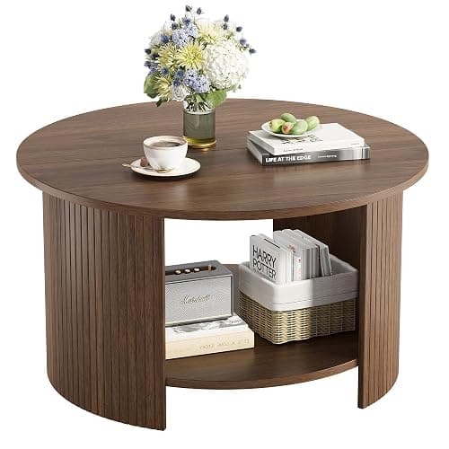 OneBlis Round Coffee Table with Storage, 31.5" Modern Fluted Center Table, 2-Tier Mid Century Coffee Table, Wood Circle Table for Living Room, Home Office, Small Space, Walnut thumbnail 7
