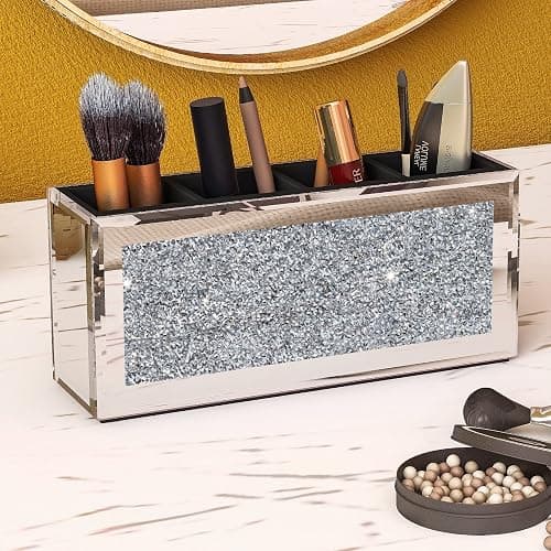 SHYFOY 4-Compartment Makeup Brush Holder, Mirrored Makeup Organizer with Crushed Diamond Crystals, Vanity Cosmetics Organizer Solution, Pencil Holder Organizer for Desk - Image 1