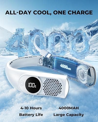 Portable Neck Fans that Blow Cold Air, Wearable Bladeless Neck Fan, Rechargeable 360°Personal Fan Neck Cooler, 3-Speed, LED Display, 4000mAh, Type-C Port, For Travel, Outdoor, Birthday Gift for Women thumbnail 3