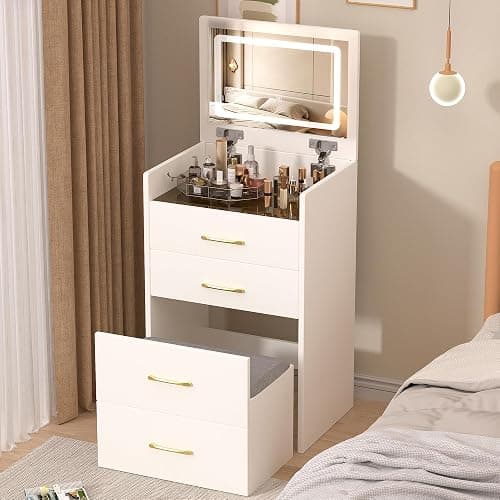 3 in 1 Vanity Desk with Plip Top Mirror and Lights,Compact Vanity Set with Visible Glass Desktop,Small Makeup Vanity Table with 3 Drawers,Cushioned Tool,3 Light Mode,Brightness Adjustable,White - Image 1