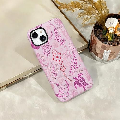 CAINAT Aesthetic Cases for iPhone 13, Pink Sharks Turtles Shells Seaweed Design, Hard Hybrid 2-Layer Protective Cover for Women Girls thumbnail 7