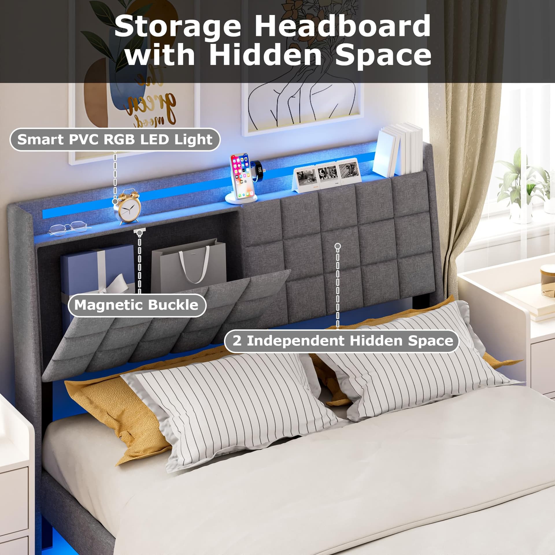 Advwin Queen Floating Bed Frame with LED Lights and Storage Headboard, Upholstered Platform Bed with Hidden Storage, No Box Spring Needed, Dark Grey thumbnail 3