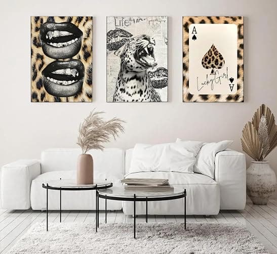 3Pcs Trendy Cheetah Roaring Canvas Wall Art Leopard Lucky Girl Poker Lips Painting Picture Wall Decor Funky Preppy Poster Print Artwork for Bedroom Girly Room Living Room Apartment Home Decoration thumbnail 6