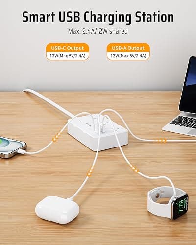 DEPOW Surge Protector Power Strip, 3 FT Extension Cord with 6 AC Outlets(1625W/13A) 4 USB Ports,1050J Surge Protection, Wall Mountable Charging Station for Office, Home, White thumbnail 7