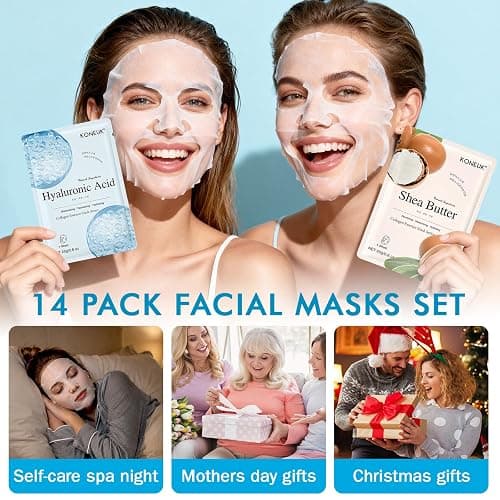 KONEUK 14 Pack Sheet Face Masks Skincare, Hydrating Face Masks Suitable for Dry Skin, Bulk Facial Mask Set for Women Skin Care, Face Mask Gifts Set for Face Spa thumbnail 7