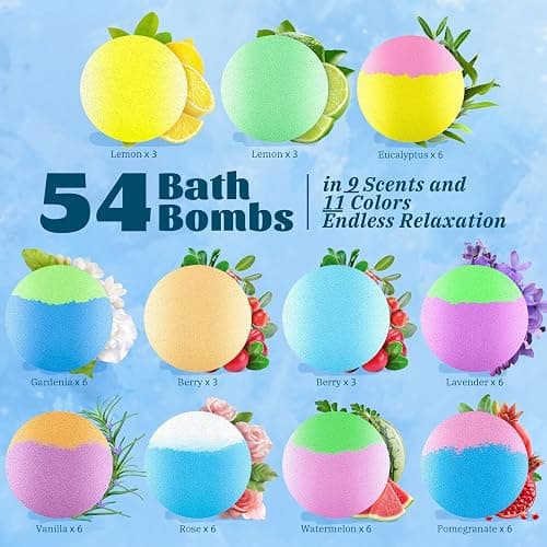 54 Pack Handmade Bath Bombs – 11 Vibrant Colors & 9 Unique Scents, Long-Lasting Fizzy Bubbles & Colorful Magic, 7-Minute Dissolve for Relaxation, Perfect for Birthdays & Summer Self-Care thumbnail 2