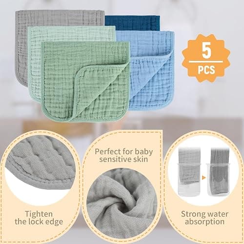 MIGIOL Baby Burp Cloth 100% Cotton Newborn Cotton Muslin Burp Cloth 10x20 inches (Blue & Green 5 Pieces) thumbnail 4