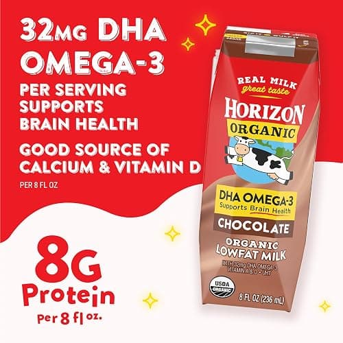 Horizon Organic Shelf Stable 1% Lowfat DHA Omega-3 Chocolate Milk Boxes, 8 fl oz, 12 Count - 8g Protein per Serving, USDA Organic UHT from Pasture-Raised Cows, Ready to Drink for Lunchbox, Travel, or On-the-Go, No Refrigeration Needed thumbnail 3