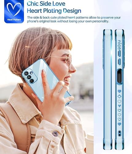 LeYi for Samsung Galaxy A15 5G Case: with Tempered Glass Screen Protector [2 Pcs]+Camera Lens Protection, Love Heart Plating Women Luxury Shockproof Case for A 15, Cute Present for Mom, Sierra Blue thumbnail 4