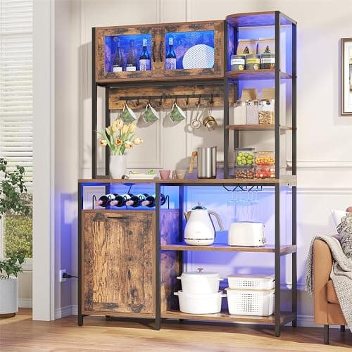 Bigbiglife Bakers Rack with Power Outlet and LED Light, 42.5 inch Industrial Coffee Bar Cabinet with Trash Can Storage Bin Cabinet, Microwave Stand with Storage for Kitchen, Living Room thumbnail 7
