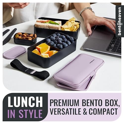 Bentoheaven Premium Bento Box Adult Lunch Box with Compartments for Women & Men, Set of Utensil & Chopsticks & Dip Container, Cute Japanese Kids Bento Lunch Box, Microwavable (Violet Me Go) thumbnail 3