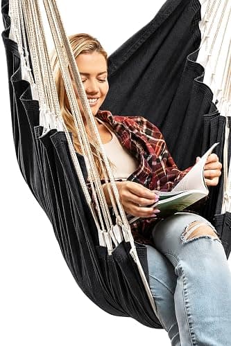 Hanging Hammock Chair Swing - Outdoor & Indoor - Hammock Swing Chair | V2 Lab-Tested Straps, Footrest, Spacious XL Seat, For Adults, Cotton Blend, Ceiling Mount, Bedroom to Porch Use - Image 1