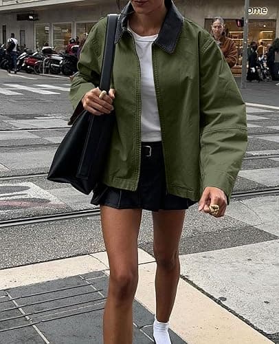 TITOMD Womens Barn Jackets Contrast Collar Cropped Bomber Jacket Zip Up Lightweight Canvas Coats 2025 Outfits thumbnail 4