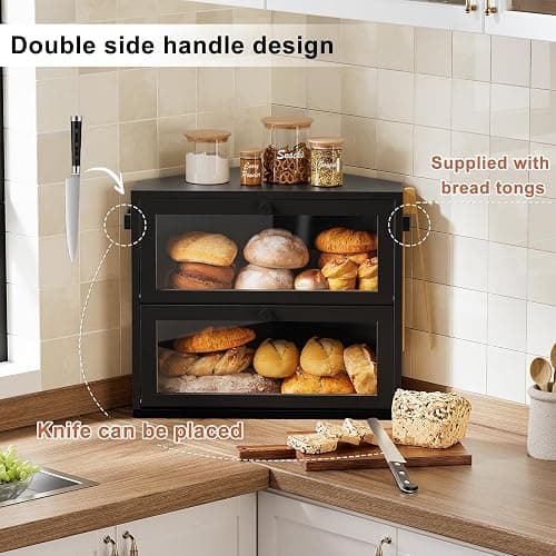 WOWLIVE Corner Bread Box for Kitchen Countertop, Large Double Layer Bread Storage Container for Homemade Bread, Black Bread Holder for Kitchen Counter, Under Cabinet Organizer (Black, Medium) thumbnail 5