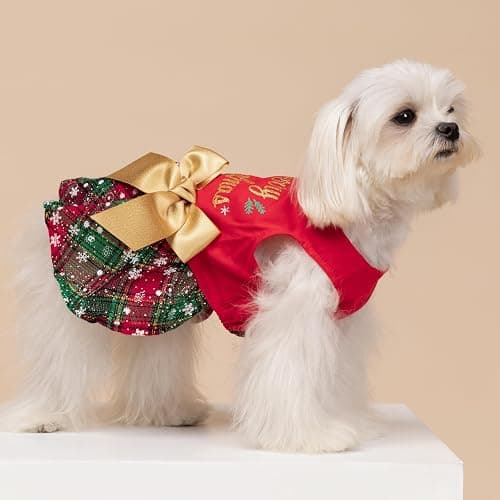 Fitwarm Merry Woofmas 100% Cotton Dog Christmas Outfits Girl Dog Holiday Dress Lightweight Doggie Costume Puppy Clothes Pet Apparel with Bowknot Cat Clothing Red Small thumbnail 4