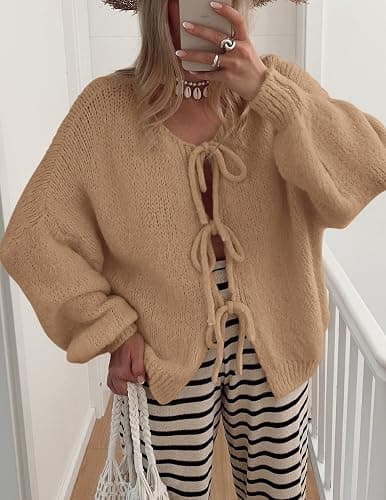 PRETTYGARDEN Women's Tie Front Bow Cardigan Sweaters Chunky Knit Long Puff Sleeve Trendy Fall Winter Jacket Coats thumbnail 6