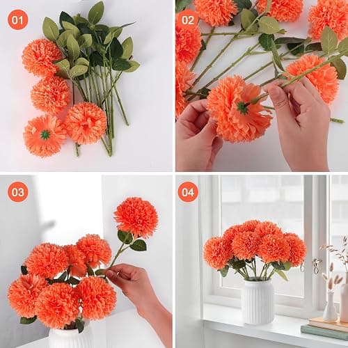 Hananona 12 Pcs Artificial Chrysanthemums Flowers Marigolds Ball Flower, Orange Fake Mums Silk Fall Flowers for Autumn Dia de Los Muertos Home Decor Day of The Dead Table Centerpiece (12, Orange) thumbnail 4