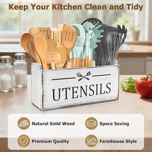 RedCall Wooden Kitchen Utensil Holder for Counter-top,Large Utensil Organizer for Storage Cooking Tool and Silverware,Extra Large Rustic Wood Container (Antique) thumbnail 4